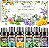 AESHORY Ätherische Öle Set für Diffuser 6 x 10ML, 100% Naturrein Aromatherapie Duftöl, Aroma Öl Geschenkset für Seife, Kerzen, Luftbefeuchter, SPA - Lavendel, Minze, Teebaum, Süßorange, Eukalyptus